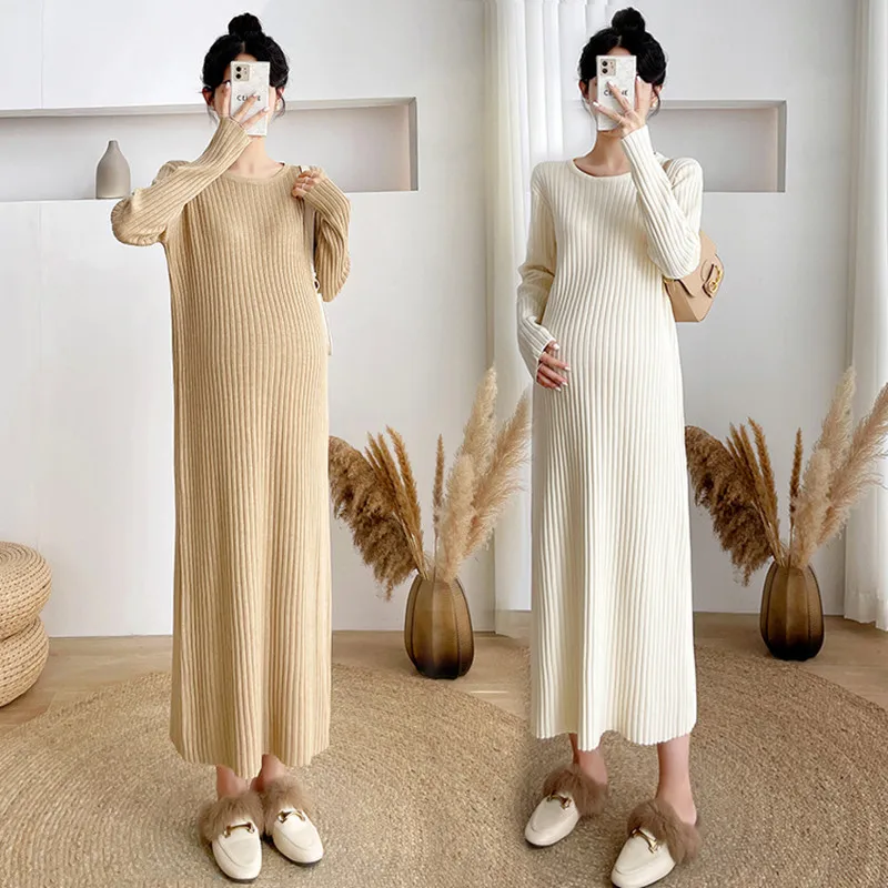 high-quality-long-maternity-sweater-dress-autumn-winter-new-fashion-striped-warm-knitted-dress-for-pregnancy-clothes-plus-size