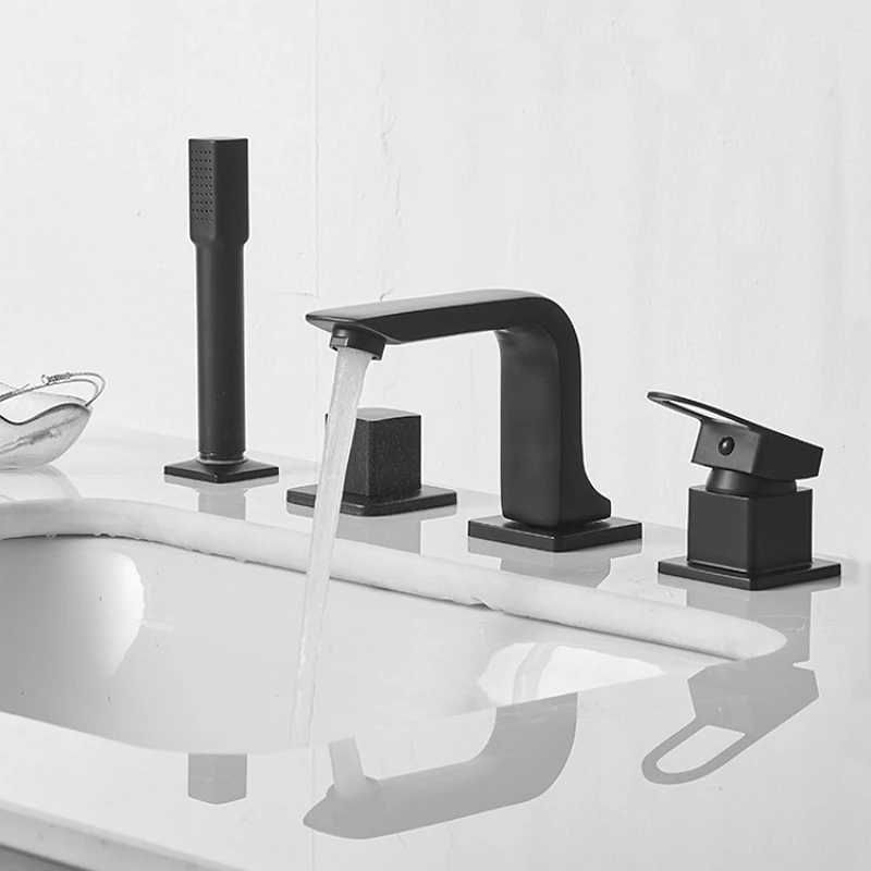 4Pcs/Set Black Brass Bathtub Faucet With Handheld Shower Diverter Pull Out Shower Head Widespread Tub Sink Tap Hot Cold Mixer 1