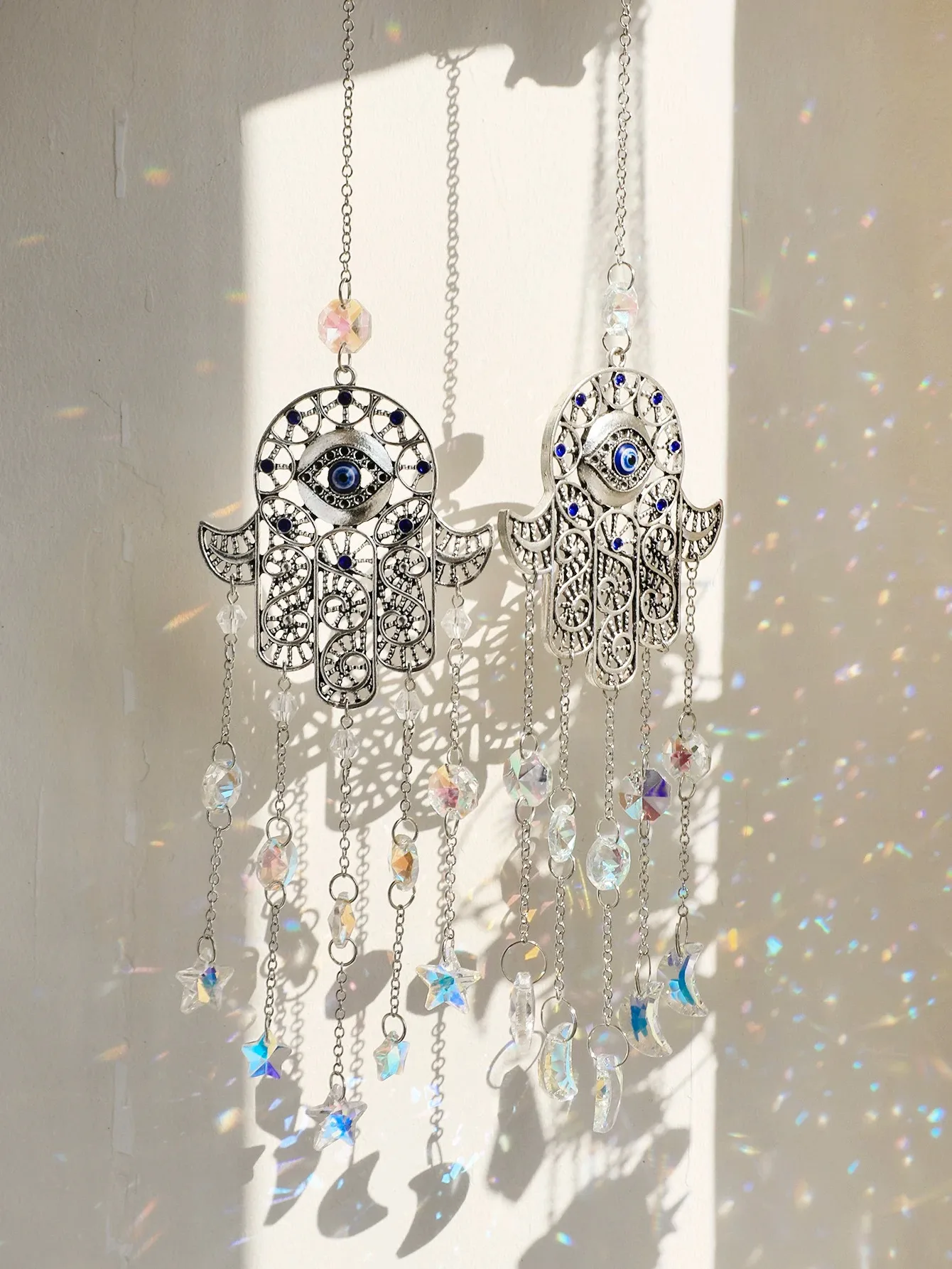 Hanging Evil Eye Crystals Sun Catcher Hamsa Hand Rainbow Maker Chakra Stained Glass Light Catcher Prism Home Garden Decoration