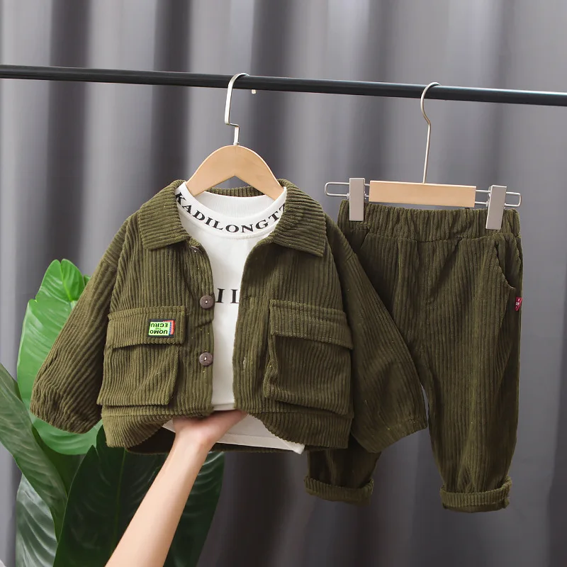 2023 fall new boys fashion corduroy suit baby printed T-shirt pants casual three piece set children's solid color sports suit