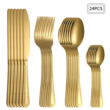 24 pezzi Set di posate in acciaio inossidabile oro coltello forchetta cucchiaio coltello da bistecca forchetta forchetta da dessert cucchiaio retrò adatto per la cucina del ristorante 1