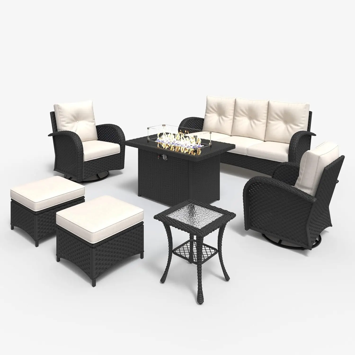 7 Pieces Outdoor Patio Furniture Set with Fire Pit Table, Rattan Wicker Sectional Swivel Rocker Chairs Sets