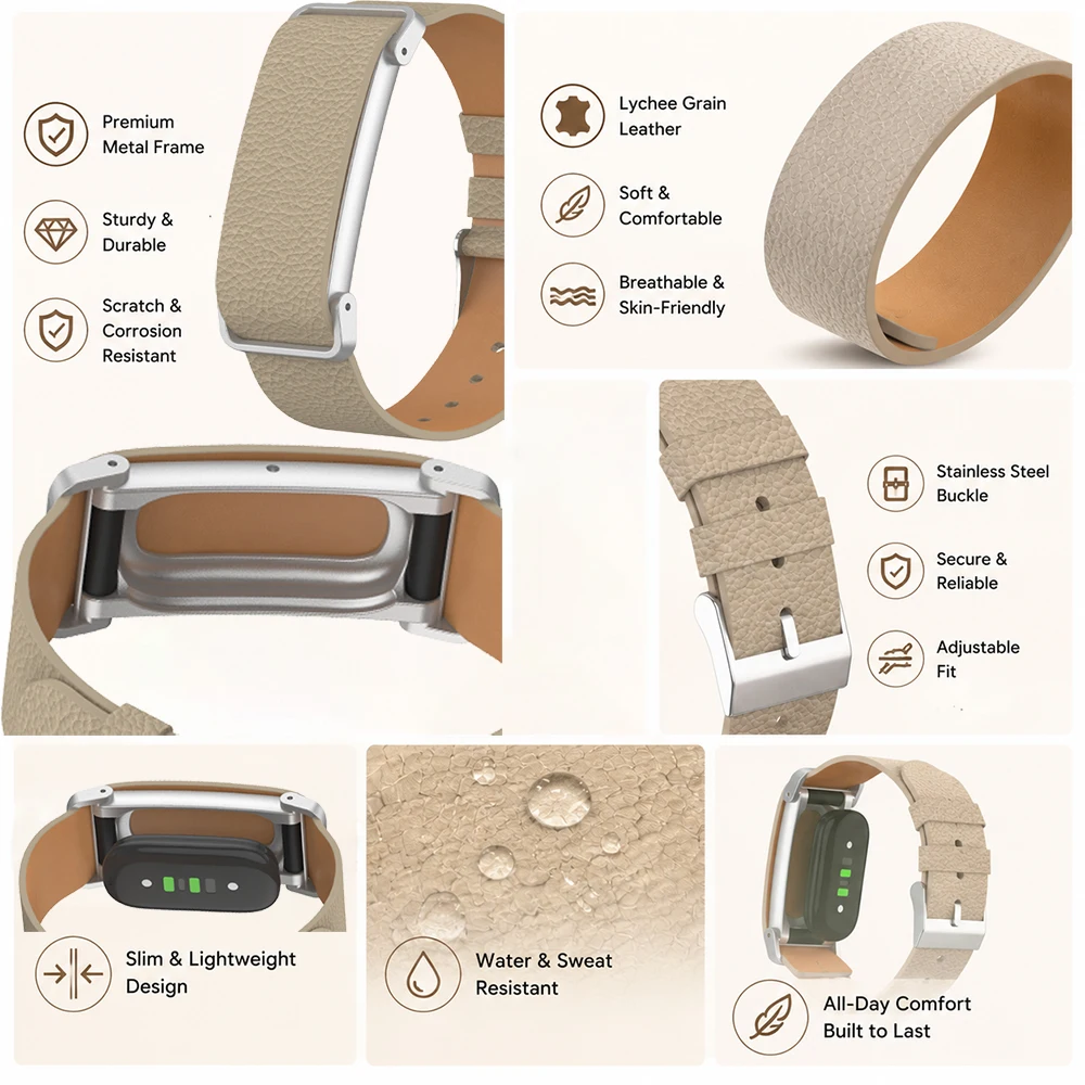 Premium Litchi Grain Leather Watch Strap with Metal Frame - Durable & Breathable
