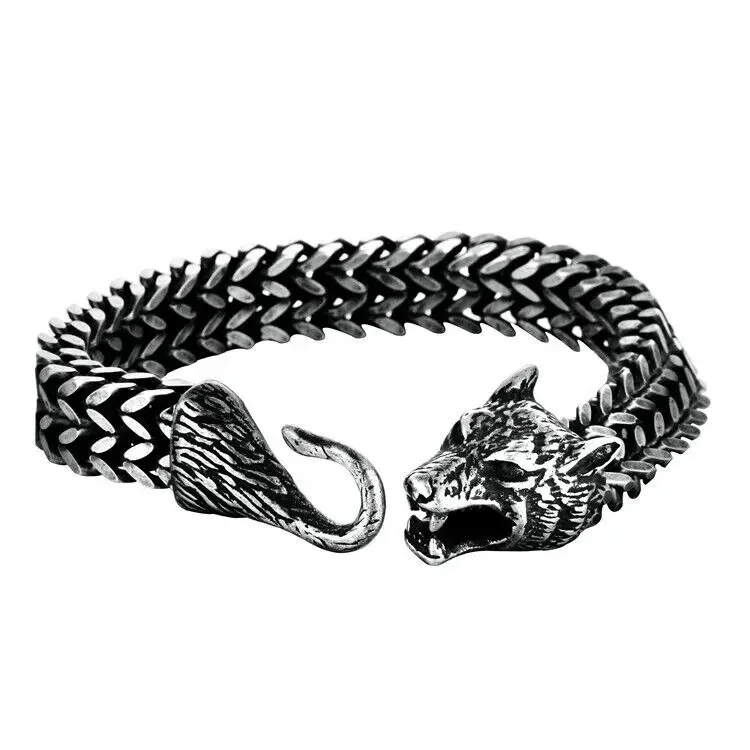 CHUANGCHENG 8 Inch Mens Black Stainless Steel Viking Fenrir Wolf Head Bracelet Chain Accessories