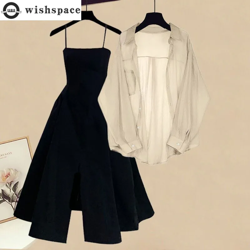 Spring/Summer Set Women's 2024 New Korean Edition Small Fragrant Wind Sunscreen Chiffon Shirt with Hanging Dress Two Piece Set