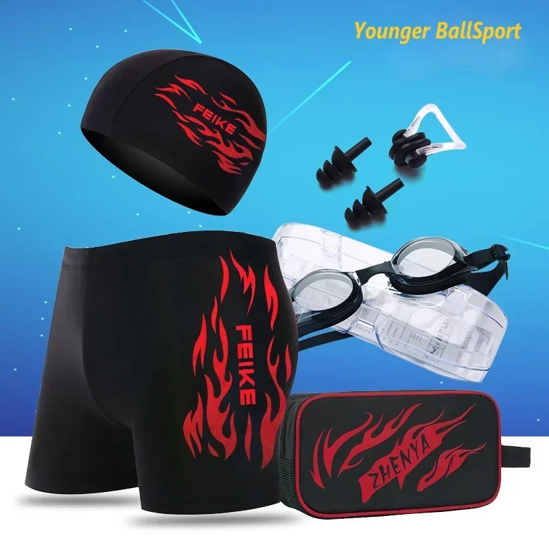 Myopia swimming goggles men\'s boxer plus size fashion hot spring swimming trunks men swimwear swimming goggles swimming cap set