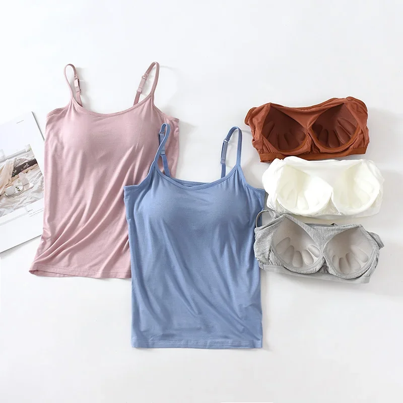 

Spring Summer Modal Women Padded Soft Casual Bra Tank Top Female Spaghetti Cami Top Vest Solid Camisole with Bra Underwear 2023