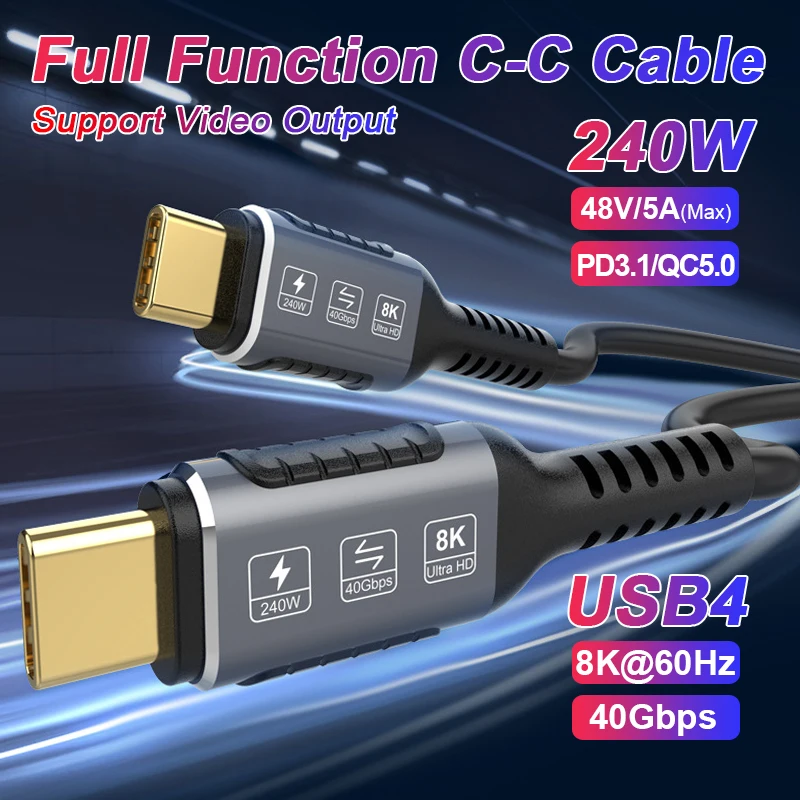 

Кабель для передачи данных PD240W USB4.0, 40 Гбит/с, Тип C на C, 5 А, быстрая зарядка, кабель 8K @ 60 Гц для MacBook Pro, Nintendo Switch, Паровая колода Samsung