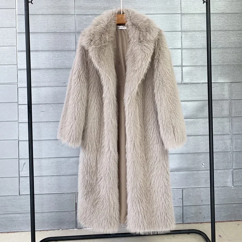Women Autumn Winter Large Jacket Overcoat Turn Down Collar Pockets Thick Coat Warm Jackets Maxi Coats White Long Faux Fur Coat