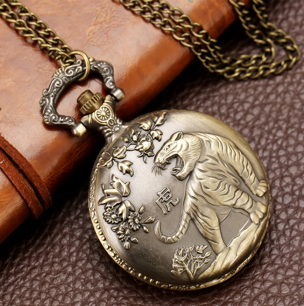 Bronzo 12 Segni Zodiacali Antica Tigre Animale Orologio Da Tasca Al Quarzo Antiche Collezioni Cinesi Collana Di Compleanno Regalo Per Uomo Donna