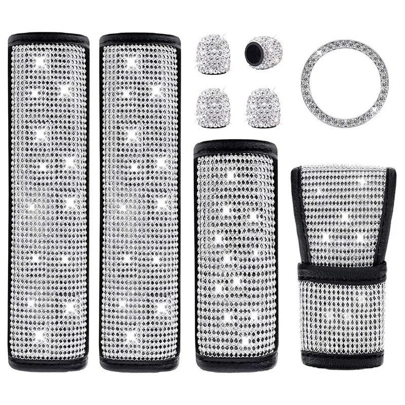 

Набор аксессуаров для автомобиля Bling, чехлы для ремня безопасности, чехол для ремня переключения передач, крышка ручного тормоза, наклейка на двигатель, колпачки для стержней клапанов
