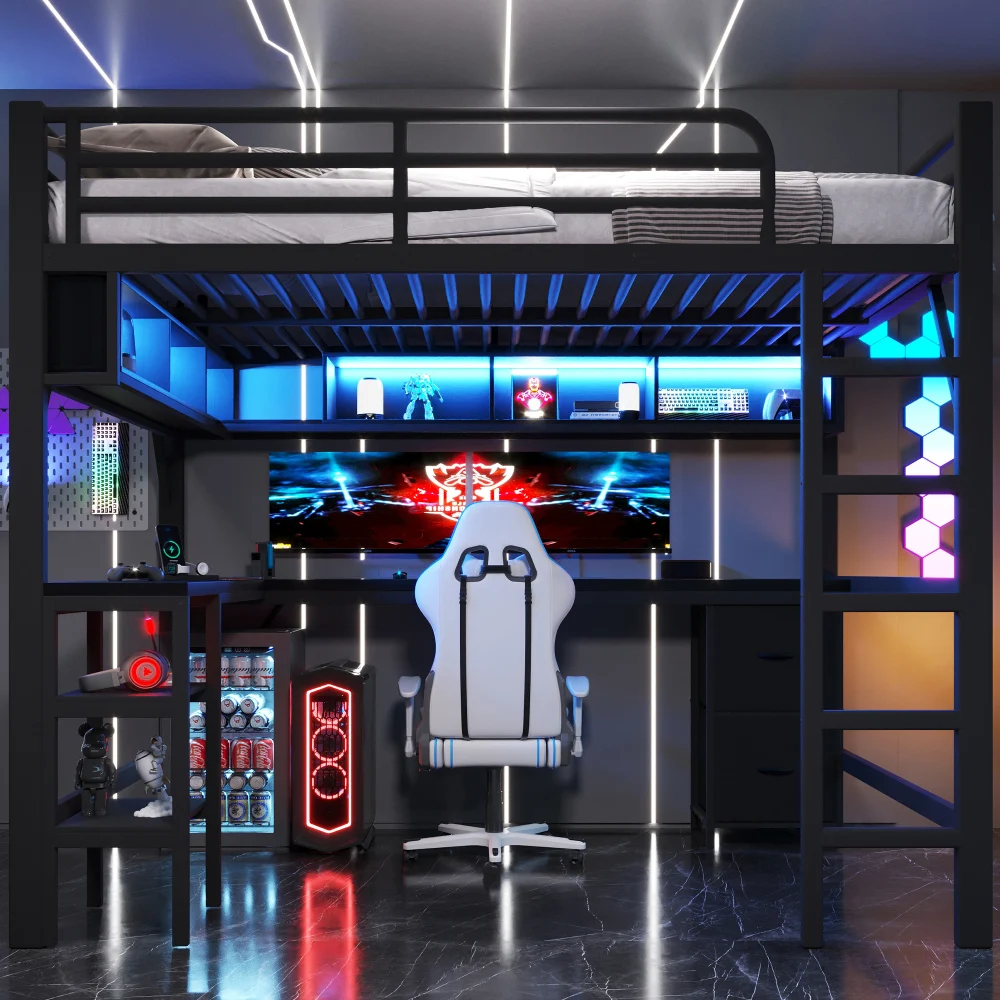 140 x 200 cm modernes Metall-Hochbett für Spiele mit Bücherregal, Kinder-Etagenbett mit Schreibtisch und Kleiderschrank, USB- und LED-Beleuchtung, weiß – Detail 22