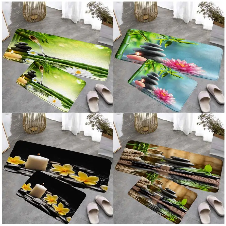 Zen Green Bamboo Kitchen Floor Mat Set Lotus Candle Black Massage Stone Spa Scenic Home Room Decor Tappeto Tappeto Antiscivolo Tappetino Da Bagno S