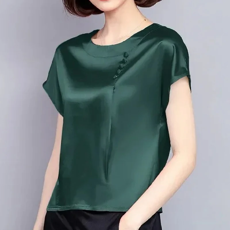 Women's Silk Short Sleeved Blouses Casual O-Neck Shirts Solid Loose Tops Spring and Summer Clothing New Fashion 0425