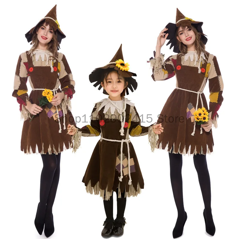 

Halloween The Wizard of Oz Scarecrow Parent-Child Costume Carnival Party Performance Circus Clown Dress Womens Cosplay Costume