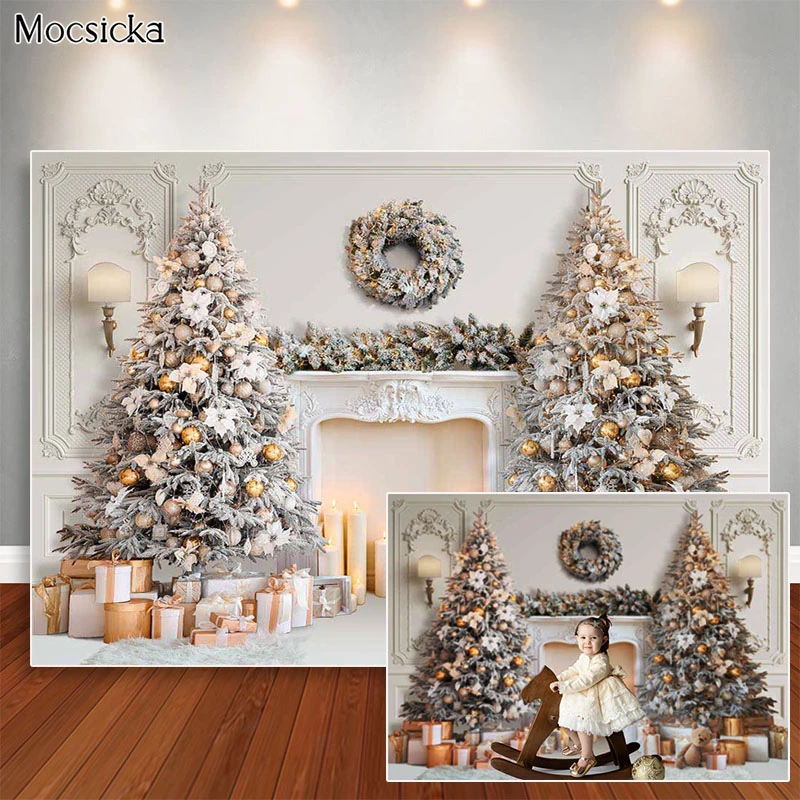 Christmas Backdrop Classic White Wall Photoshoot Xmas Tree Garland