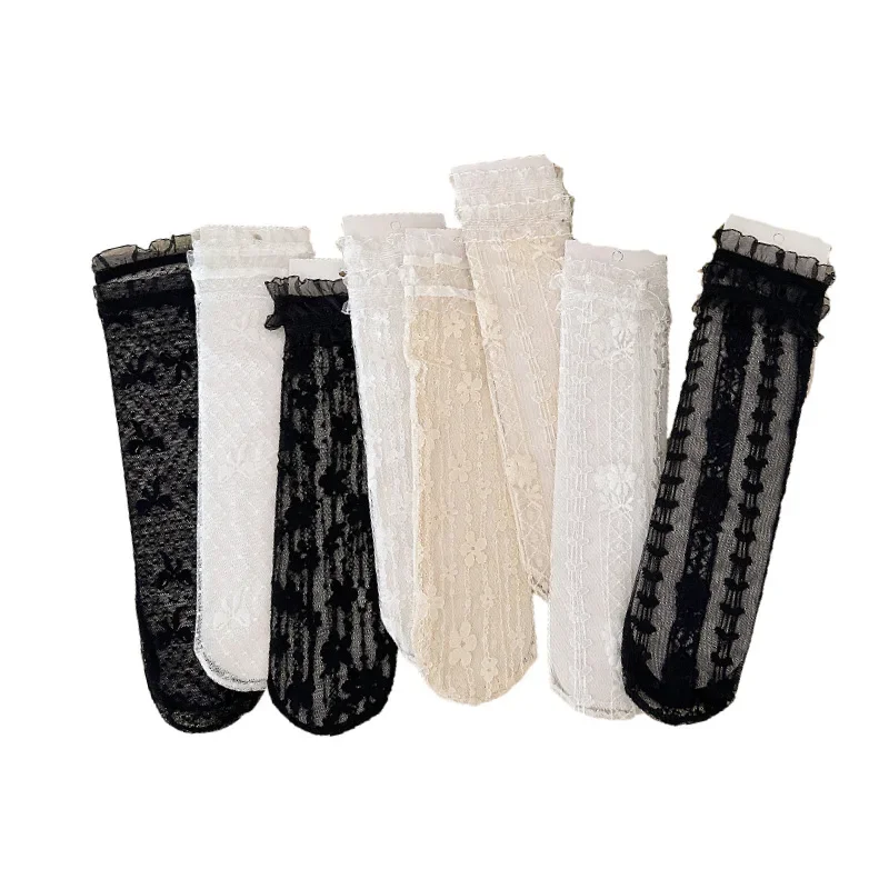 Children's Socks Ultra-thin Korean Girls Sweet Lace Medium Tube Socks Hollow Mesh Breathable Mosquito-proof