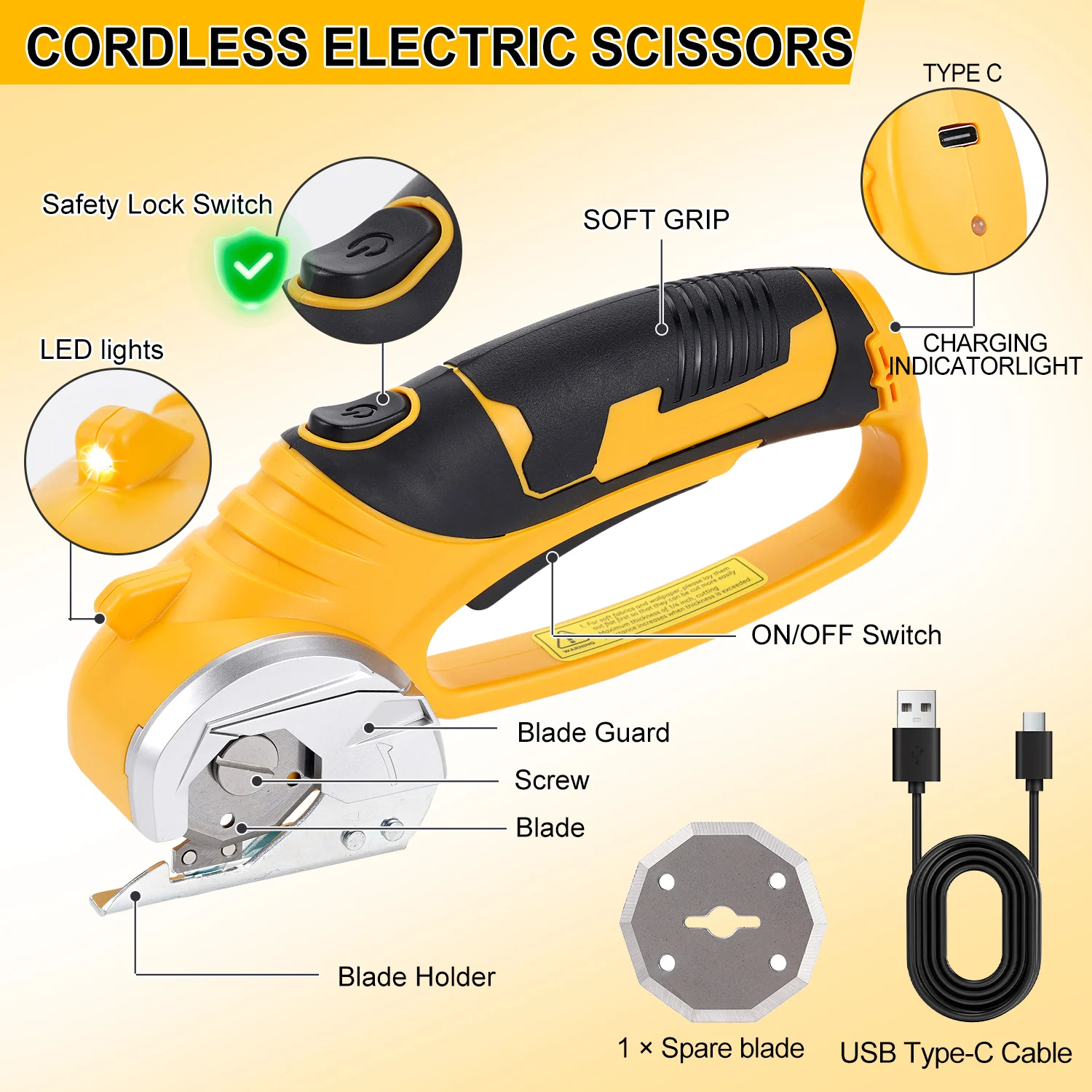 3.6V 1500mAh 무선 전동 회전식 원단 가위 SK4 블레이드 USB 타입-C 충전식 LED 안전 가위 (가죽, 카펫용)