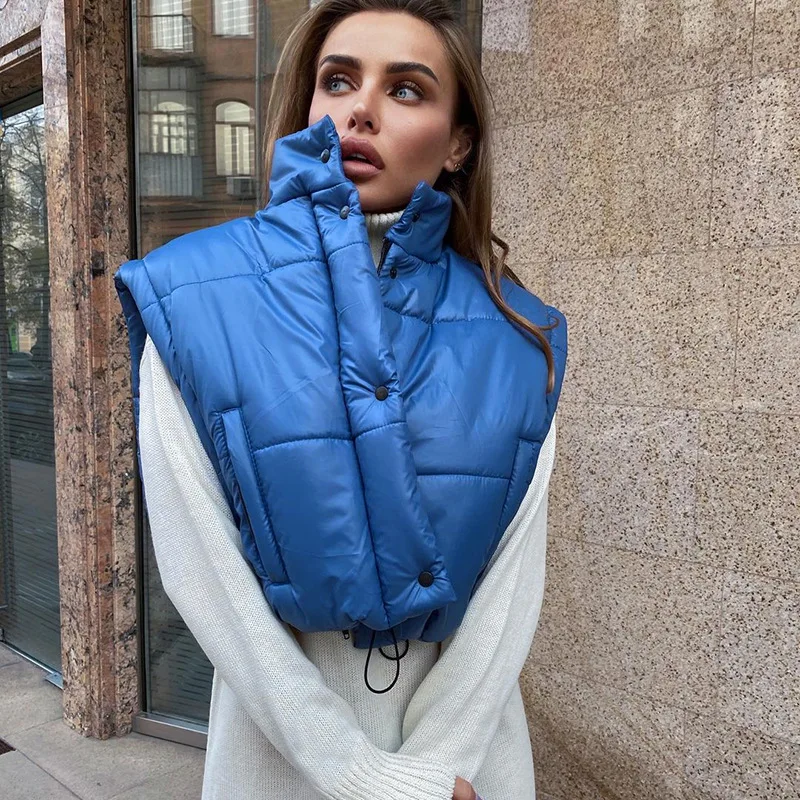 Fashion Stand Collar Bread Padded Parkas Removable Sleeves Black Winter Jacket Women 2022 Hem Drawstring Quilted Vest Outerwear
