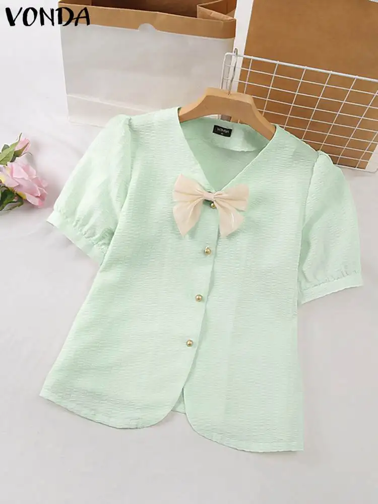 

VONDA V-Neck Casual Women Shirts 2023 Summer Blouses Loose Sexy Short Sleeve Buttons Down Bow Blusas Femme Solid Color Top Tunic