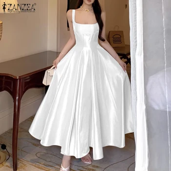 ZANZEA Women's Silky Satin Wedding Guest White Maxi Dress Elegant Square Neck Sleeveless Evening Gown Graceful Party Robes Femme 1