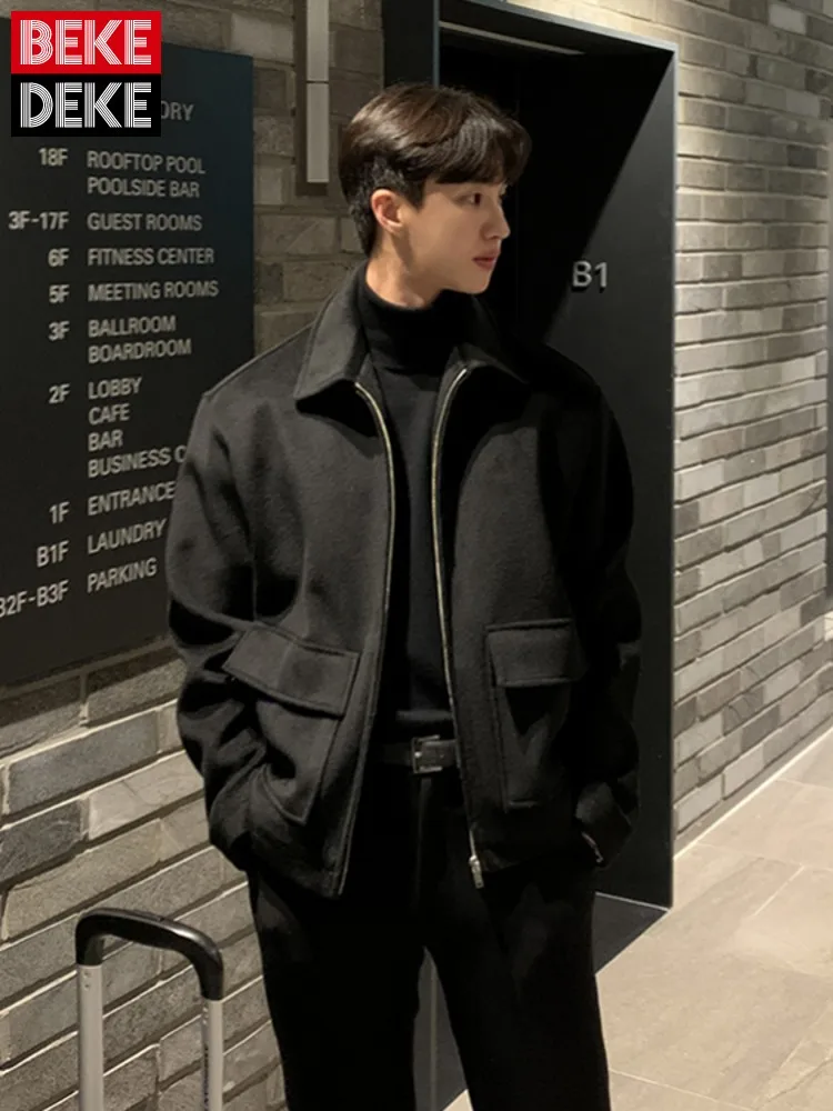 

Spring New Men Wool Blend Jackets Street Zipper Short Casual Coat Korean Fashion Turn-Down Collar Outerwear Plus Size 4XL