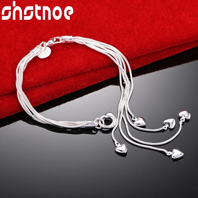 SHSTONE 925 Sterling Silver Multiple Snake Chains Five Hearts Bracelets For Woman Wedding Party Birthday Banquet Fashion Jewelry qeenkiss rg6804 jewelry wholesale fashion woman man birthday wedding gift retro pattern round 925 sterling silver open ring