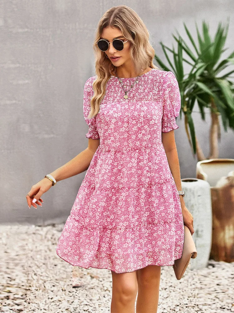 

Women Floral Chiffon Dress 2023 Summer Lightweight Loose Round Neck Short Sleeve Dresses for Women's Casual Short Dress