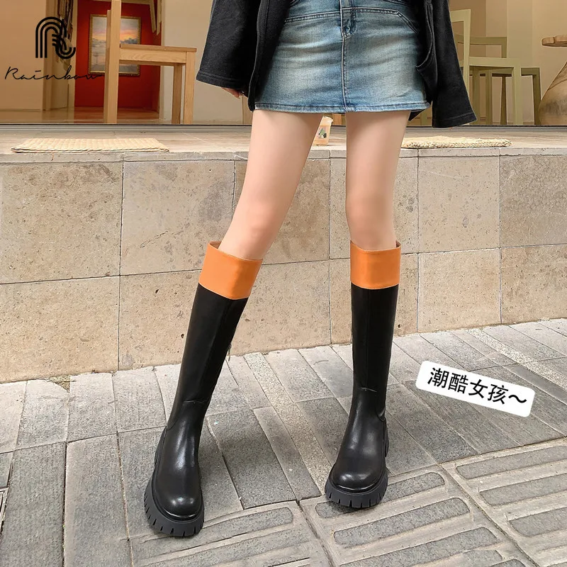 RAINBOW Size 33-40 Fashion Women Leather Knee High Boots Classic Style INS Riding Quality Mixed Color Thick Heels Autumn Winter