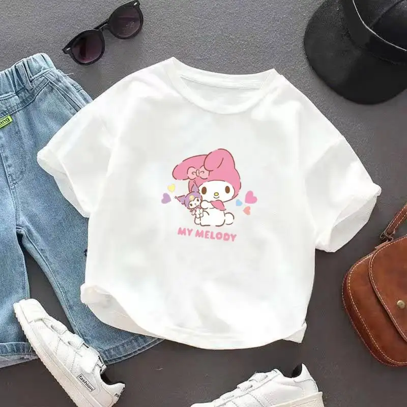 

Новинка 2024, футболка для девочек Sanrio с коротким рукавом, Модная хлопковая Повседневная тонкая детская одежда с круглым вырезом и рукавом до локтя My Melody, подарок