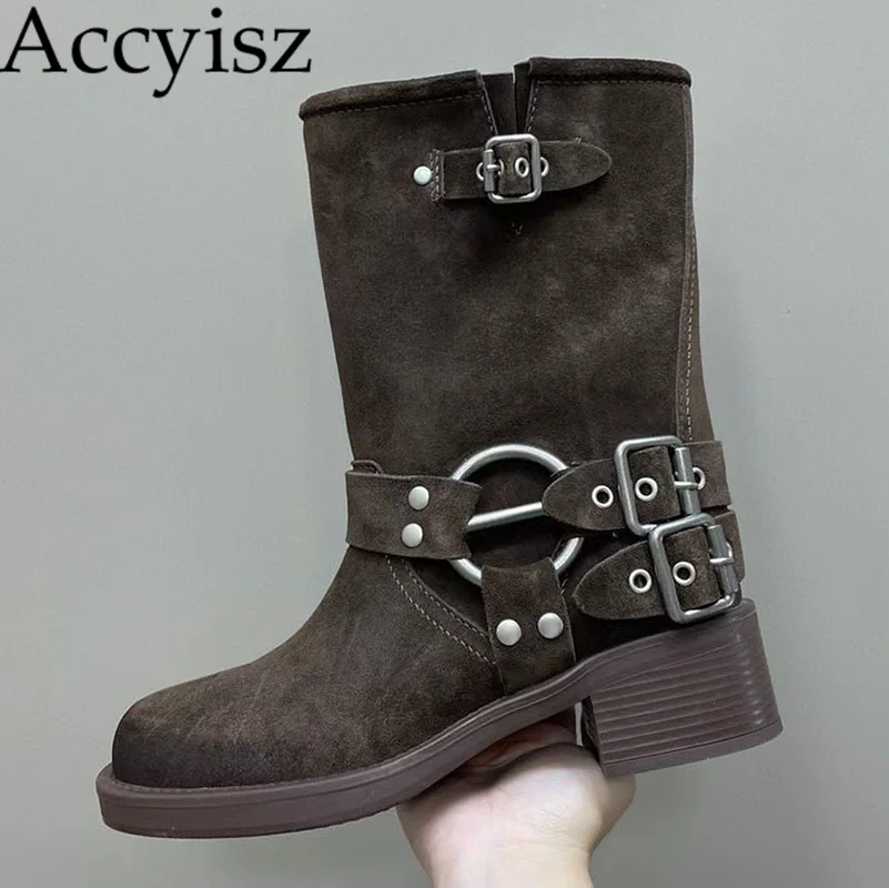 

New Reversed Fleece Thick Heels Vintage Punk Western Denim Boots Spring and Autumn Metal Belt Buckle Women's Fashion Short Boots