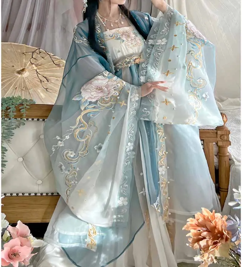 Robe Hanfu bleue dégradée pour femme, broderie traditionnelle chinoise, ensembles Hanfu vintage, costume féminin de cosplay de carnaval, haute qualité