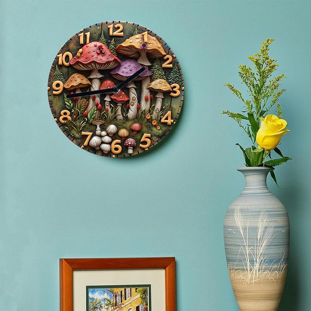 Silent Aluminum Wall Clock With Mushroom Forest Design - Perfect For Living Room Decor, Ideal Mother'S Day & Thanksgiving Gift 3