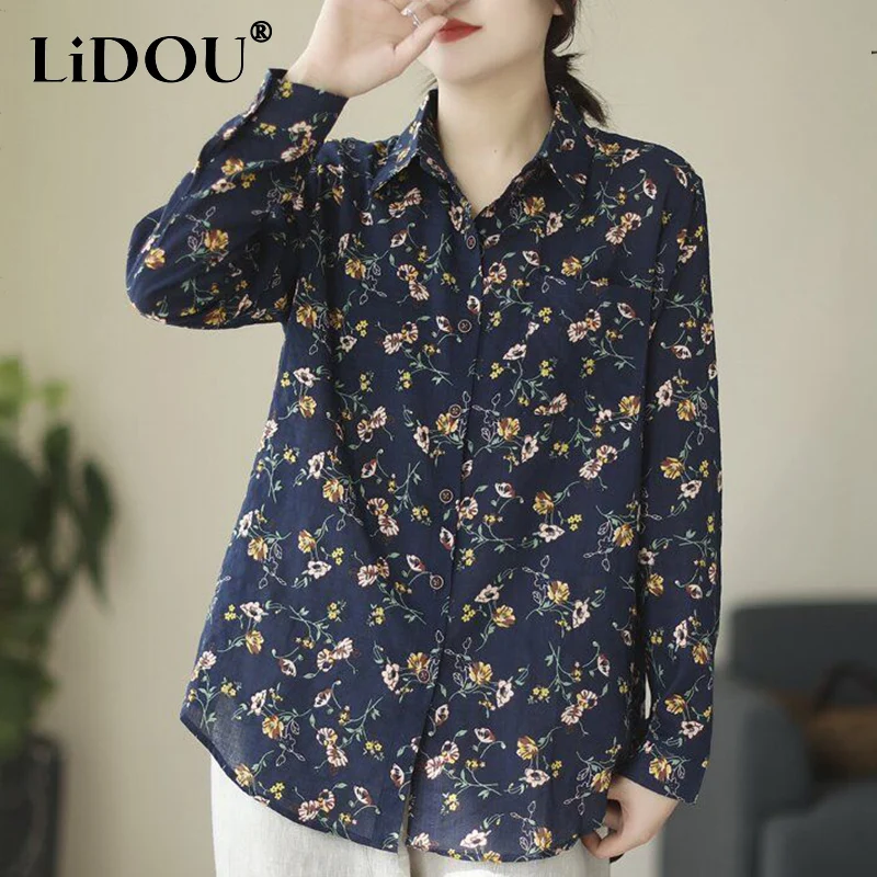 

Spring Autumn Cotton Linen Vintage Floral Print Casual Fashion Shirt Lady Long Sleeve Loose All-match Button Up Top Women Blouse