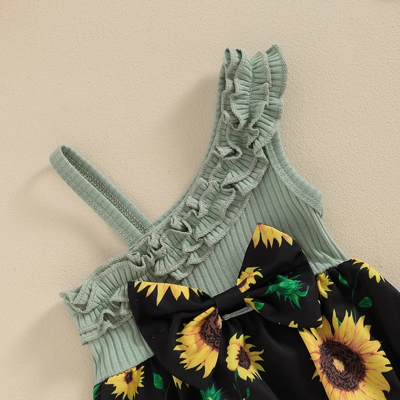 

Baby Girl 2 Piece Summer Set Sunflower Print Slash Neck Sleeveless Frill Trim Ribbed Romper 3D Bow Headband Newborn Outfits