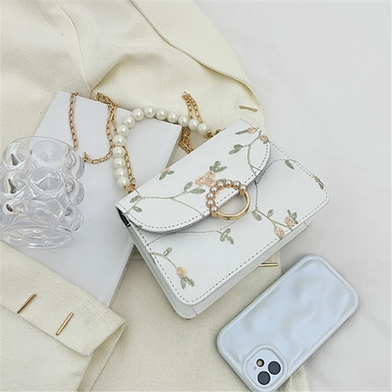 Fashionable Pearl Handbag for Women Stylish Lace Chain Single Shoulder Bag, Synthetic Leather Small Square Bag for Daily Use