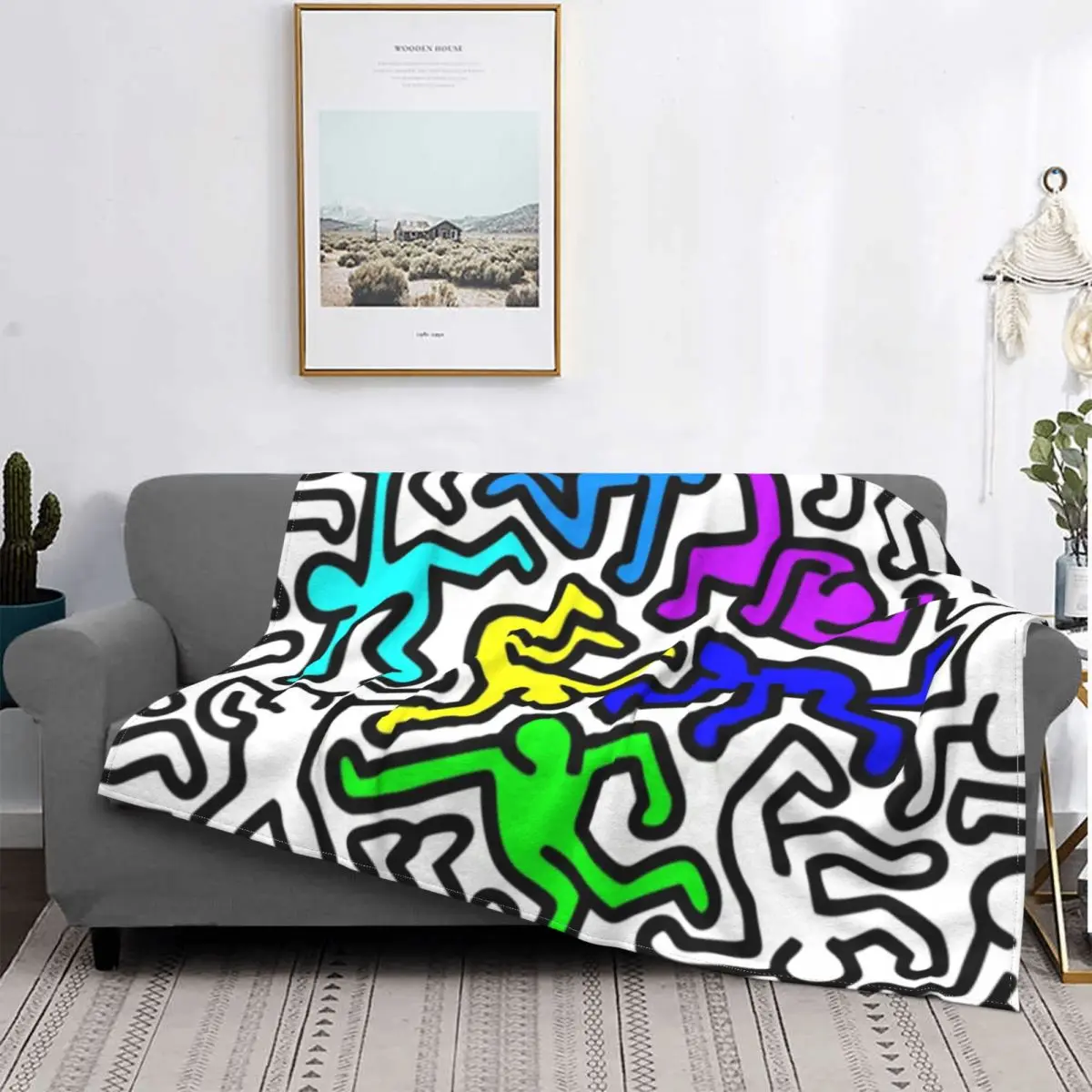 

Fleece Haring 6 Figures Dancers Throw Blanket Flannel Rap Graffiti Geometric Abstract Blankets for Bedding Home Couch Bedspreads
