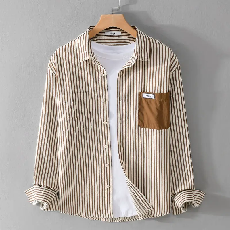 

Male Clothing Spring and Autumn New Men's Striped Long-sleeved Shirt Trendy Leisure Loose Youth Hong Kong Style Versatile Shirt