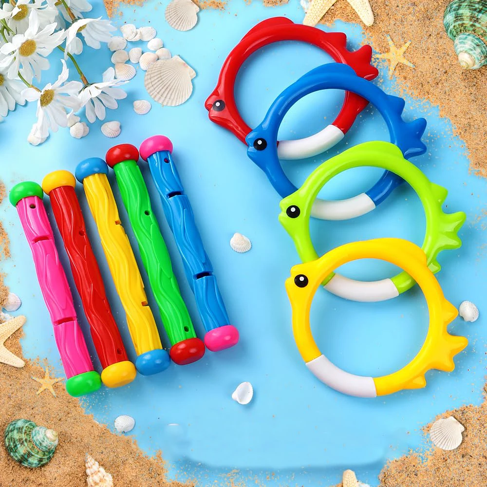 9Pcs Pool Diving Swim Toys Colorful Underwater Training Sinking Throwing Dive Rings Sticks for Kids Summer Swimming Party Game