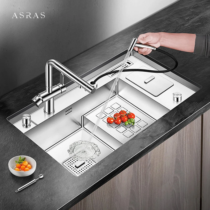 ASRAS304StainlessSteelKitchenSteppedSink4mmThickness220mm