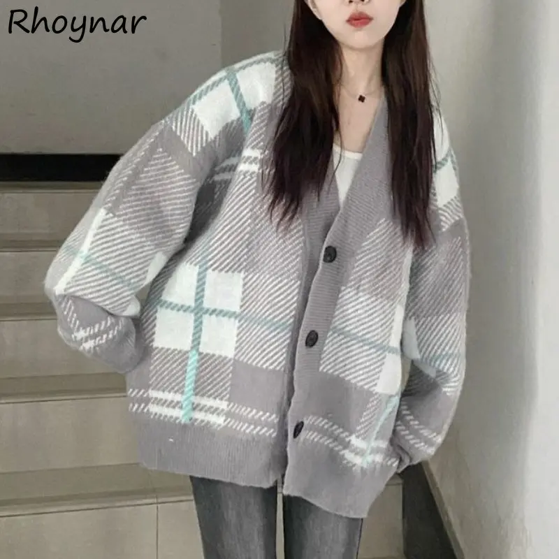 

Plaid Sweaters Cardigan Women Panelled Sweet Girls Youth Preppy V-neck Knit designer Korean Fashion Kawaii Clothes Кардиган Cozy