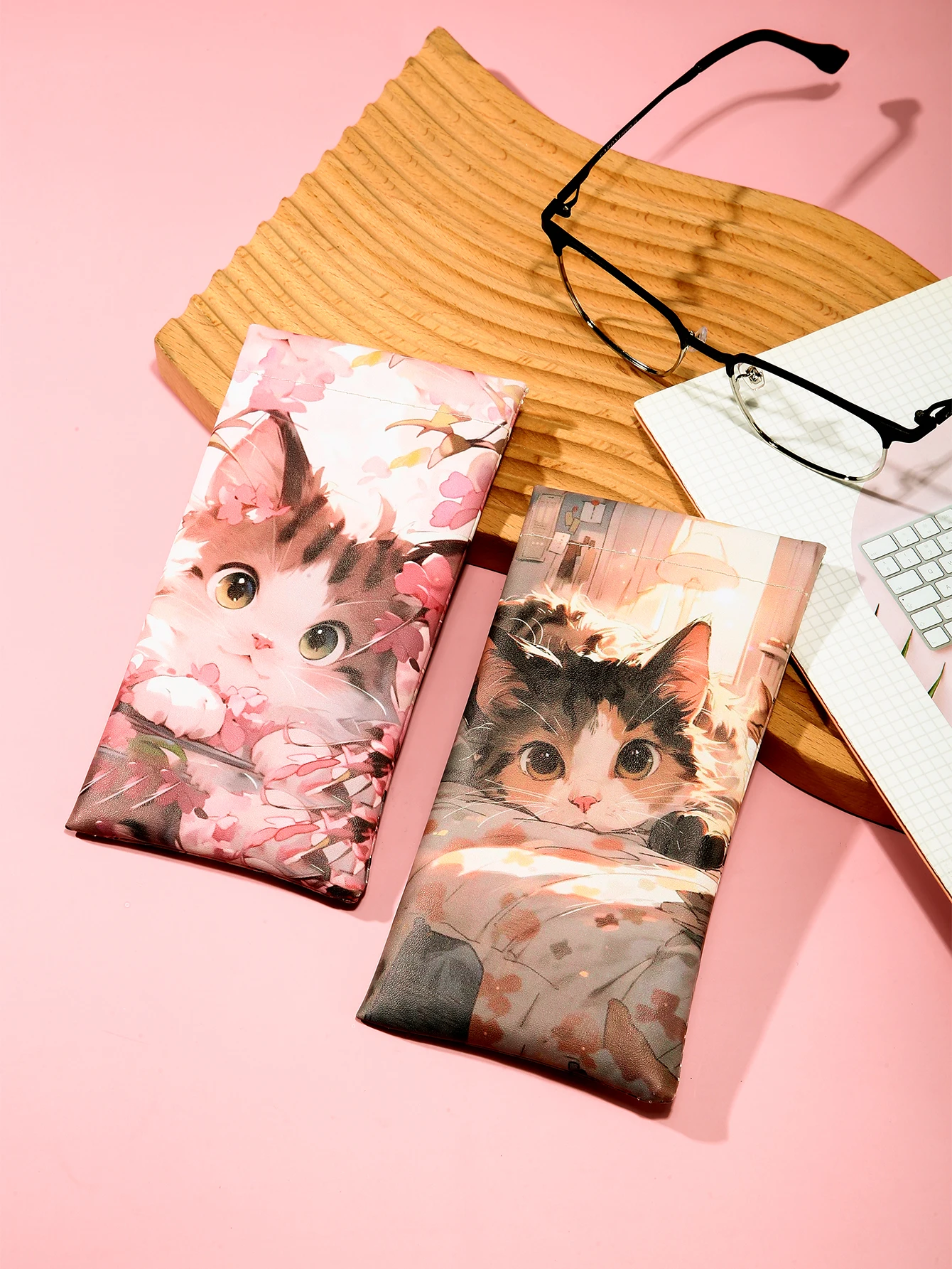 1 x weiches Brillenetui mit bezauberndem süßem Katzen-Druck-Design, tragbare Sonnenbrillentasche, Aufbewahrung und Schutz für Damen, Herren, Studenten – Detail 2