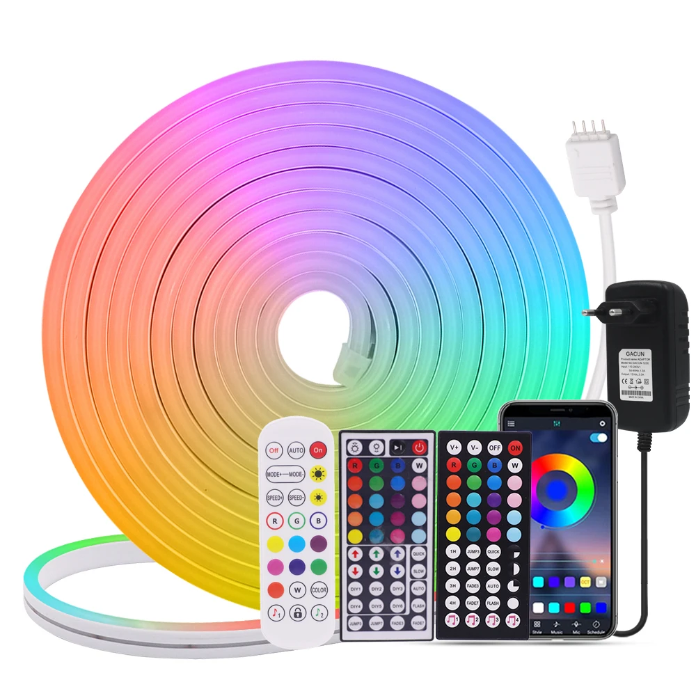 

12V Neon RGB Tape Waterproof 3535 96LEDs/m Silicone Tube tira led Neon Strip Bluetooth 24Keys 44Keys Remote Control Power Kits