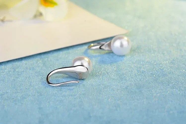 Hot Fine 925 Sterling Silver Earrings for Women Luxury Round Freshwater Pearl Hook Dangle Wedding Couple Gifts Jewelry - 5