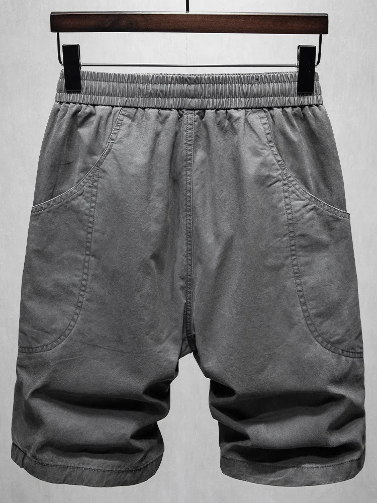 Summer Cotton Casual Cargo Shorts Men Outdoor Sport Beach Dark Gray Elastic Waist Drawstring Short Pants