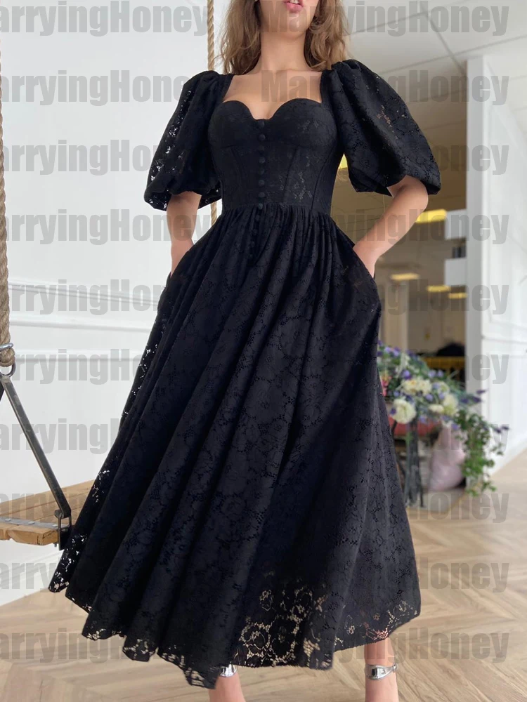 

Sweetheart Half Puff Sleeves Prom Dress A-line Lace Midi High Slit Ankle-Lenght Evening Party Gowns with Pockets