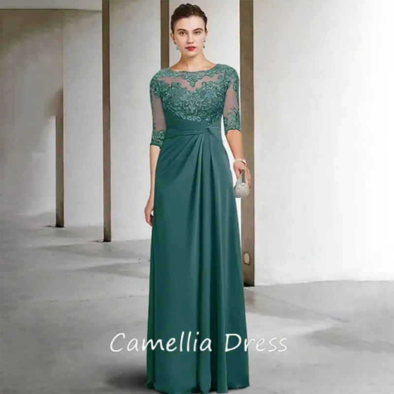 New Elegant Mothers Dresses & Floor Chiffon Pleated Sequins Applique Short Sleeve Bridal Gowns