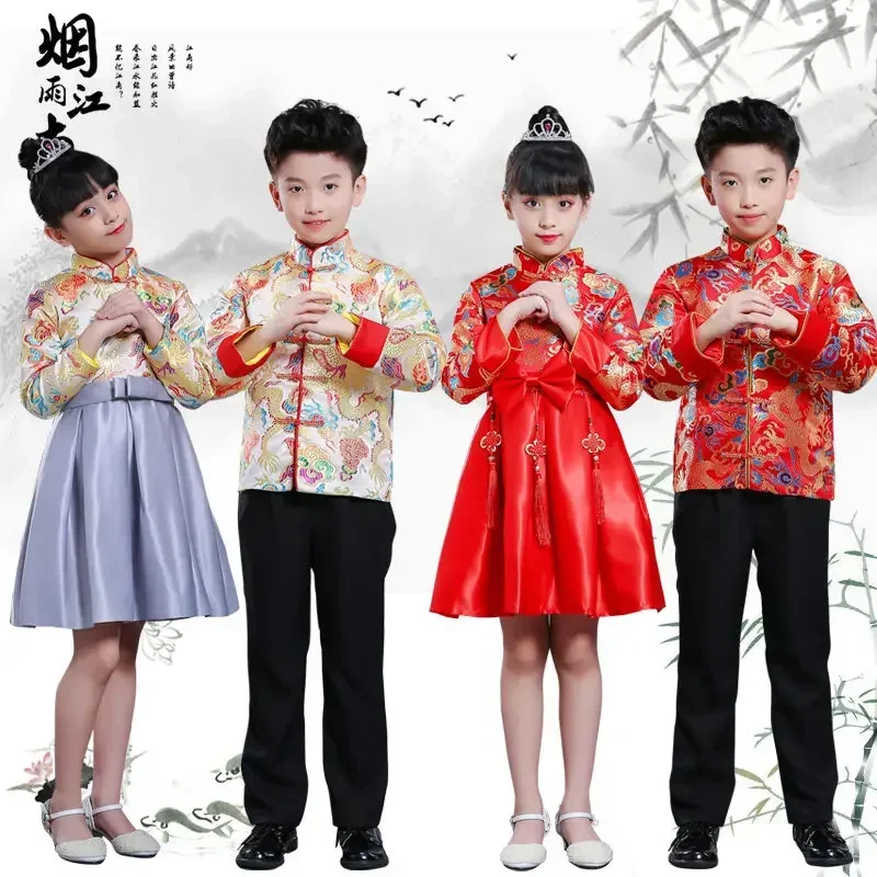 

Children Cheongsam Princess Dress Girls Dress Puff Skirt Chinese Style New Year Costumes Chinese Host Stage Performance Clothing