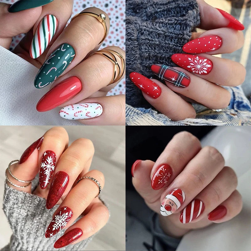 Uñas postizas de Navidad para hombre, manicura de uñas acrílicas  artificiales, decoración de uñas, prensa, copo de nieve, pan de jengibre,  cobertura completa, 24 Uds.| | - AliExpress