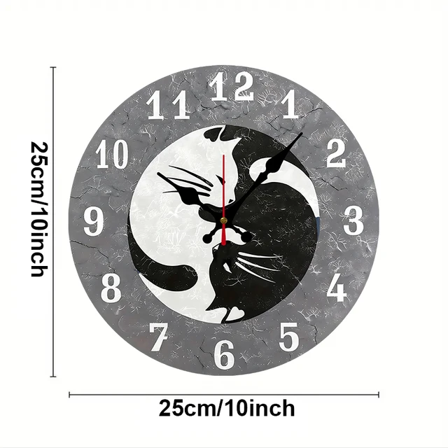 Yin Yang Cat Wooden Round Silent Hanging Wall Clock 2
